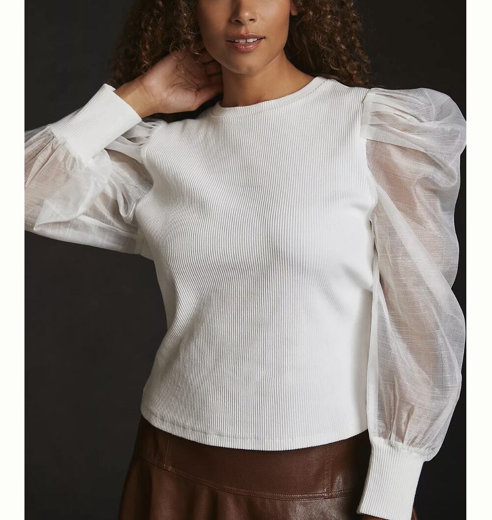 Anthropologie Dolan Womens Medium White Sheer Puff Sleeve Ribbed Top